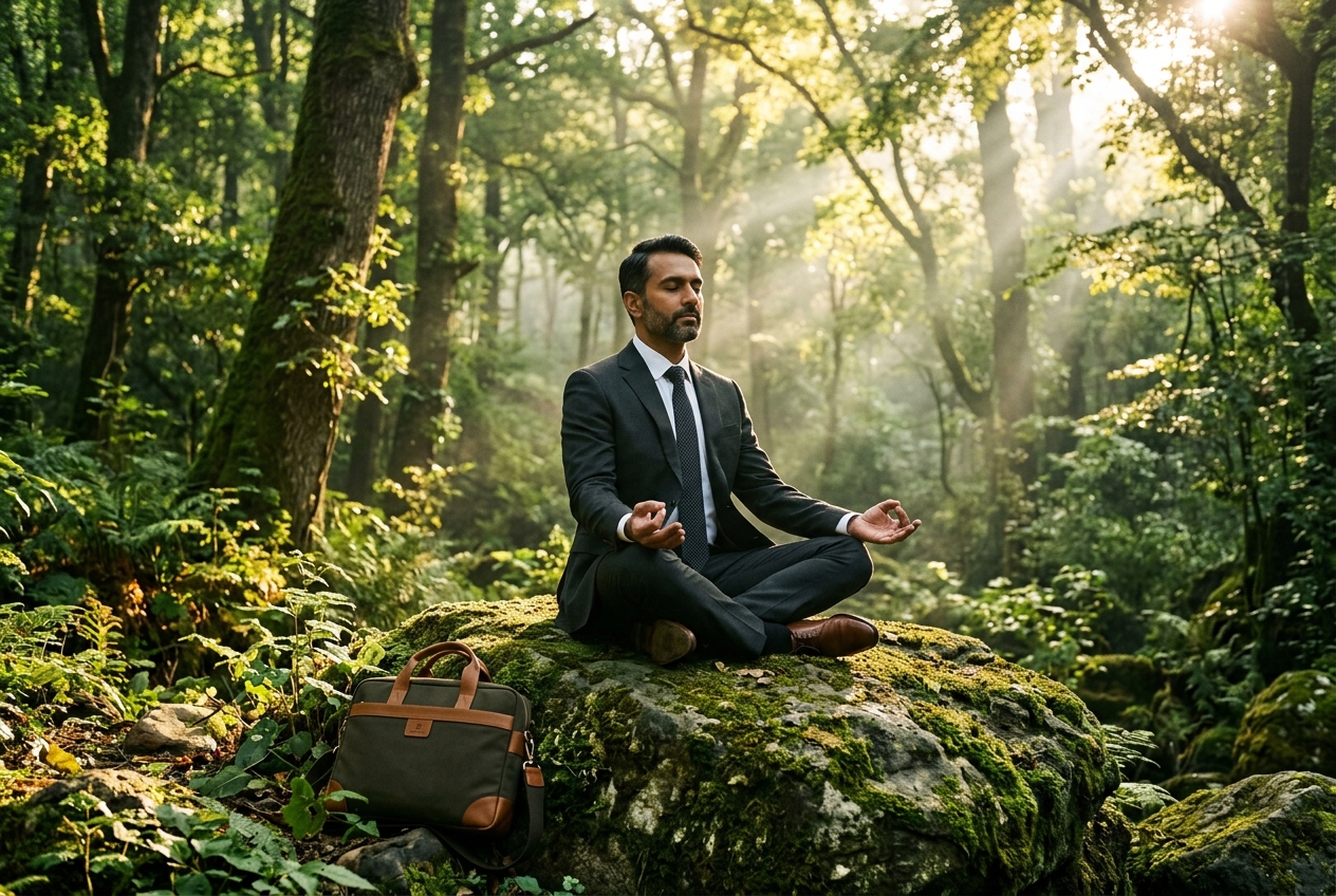 Executive meditating in a sunlit forest — net zero corporate travel