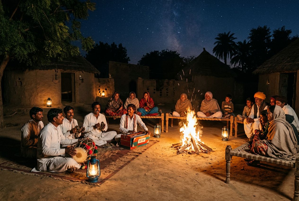 Folk musicians around a bonfire in an Indian village at night