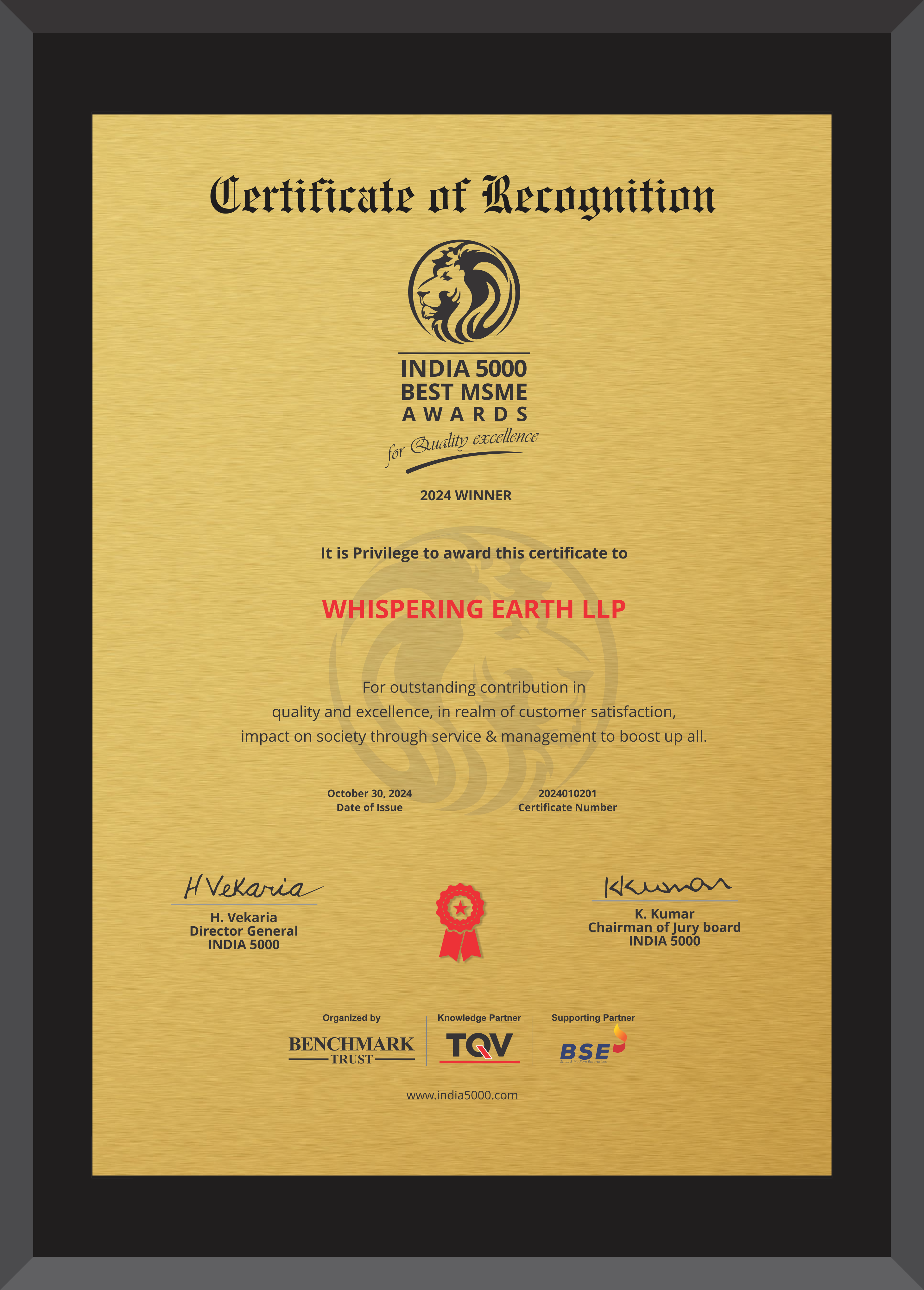 India 5000 Best MSME 2024 Certificate of Recognition